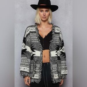 🌻 POL “ Wild Soul Knit “ Boho Fringe Cardigan | Black & White